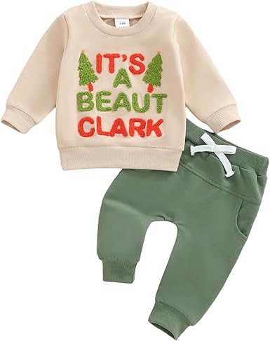 Amuver Toddler Baby Boy Christmas 2 Piece Outfits Long Sleeve Crew Neck Letter Embroidery Tops and Pants Clothes Set