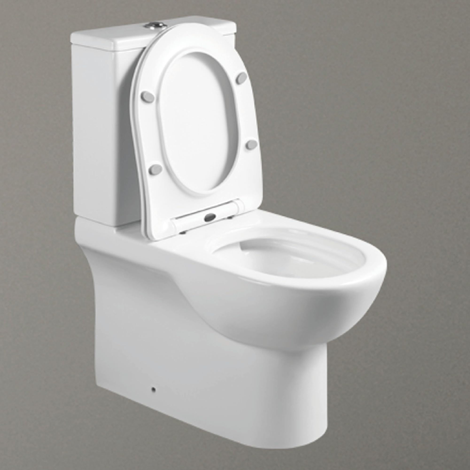 BAIKAL WC in ceramica T9. WC compatto a pavimento con sistema Rimless e cisterna monoblocco con meccanismo a doppio scarico. Sanitario completo con doppia uscita e sedile con caduta ammortizzata.