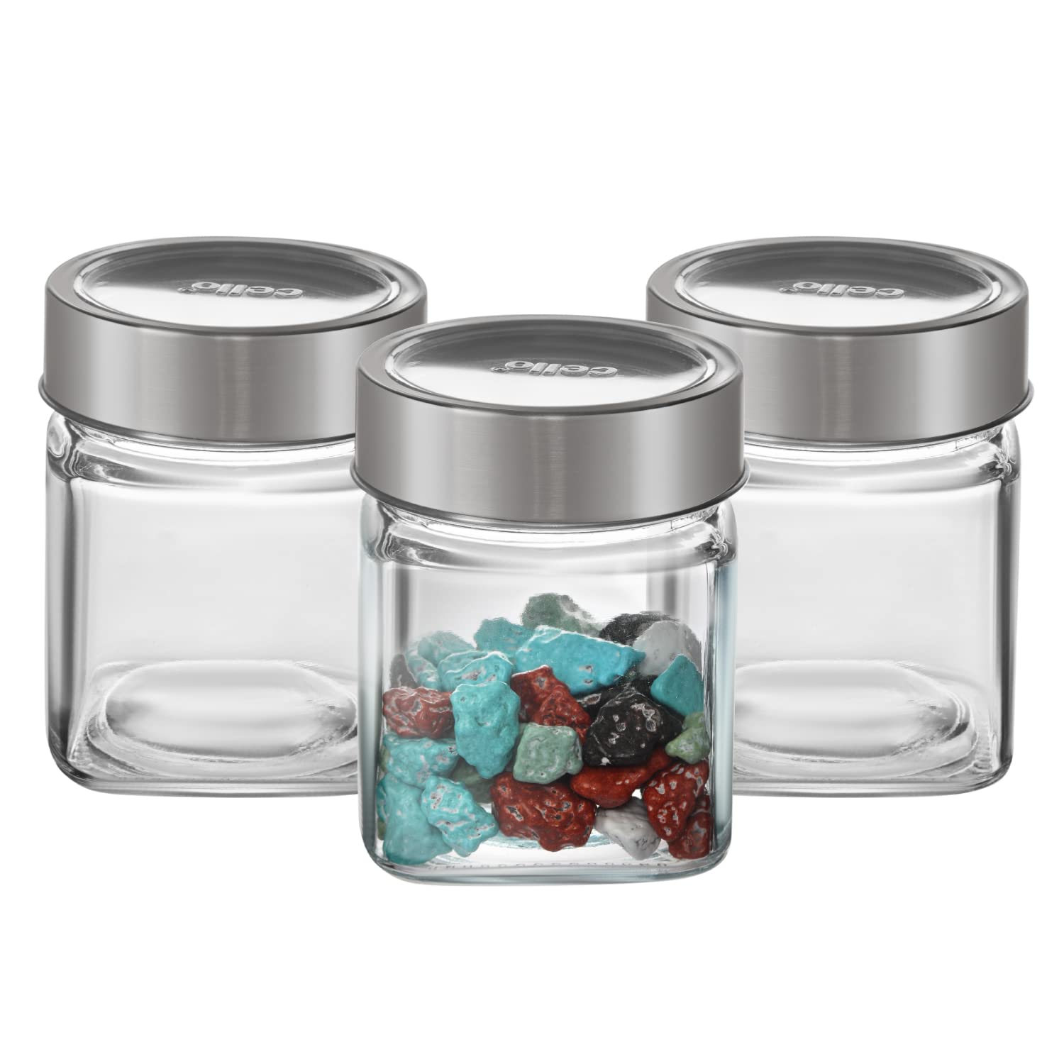 CELLO Qube Fresh Glass Storage Jar for Kitchen Set of 3 Pcs, 180 ml Transparent | Fridge Safe Airtight Leadfree Toughened Glass Kitchen Storage Containers Set For Beans, Whole Grains Spices Dry Fruits