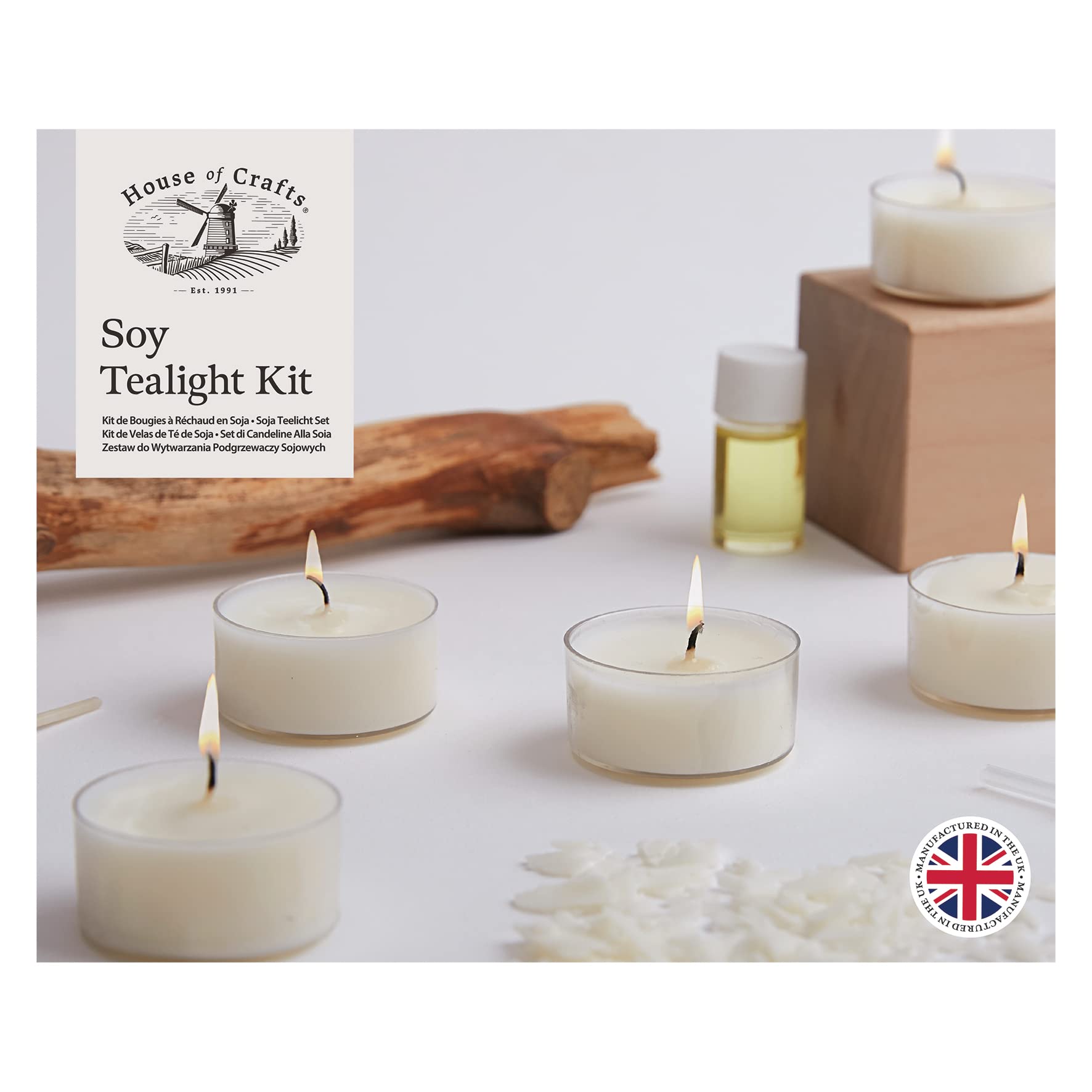 House Of Crafts Soy Tealight, Single Craft Kit Set, Beige, Includes 5 Clear Polycarbonate Tealight Cases, 100g Soy Wax, 5 Tealight Wicks, 4ml Vanilla Fragrance Oil, Pipette, Instructions