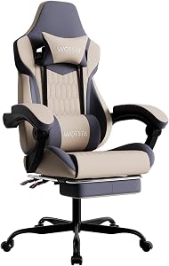 Gaming Chairs Massage Game Chair with Footrest Reclination Angle Adjustable Backrest Height Gamer Seat Equiped Retractable Wheels (Beige)