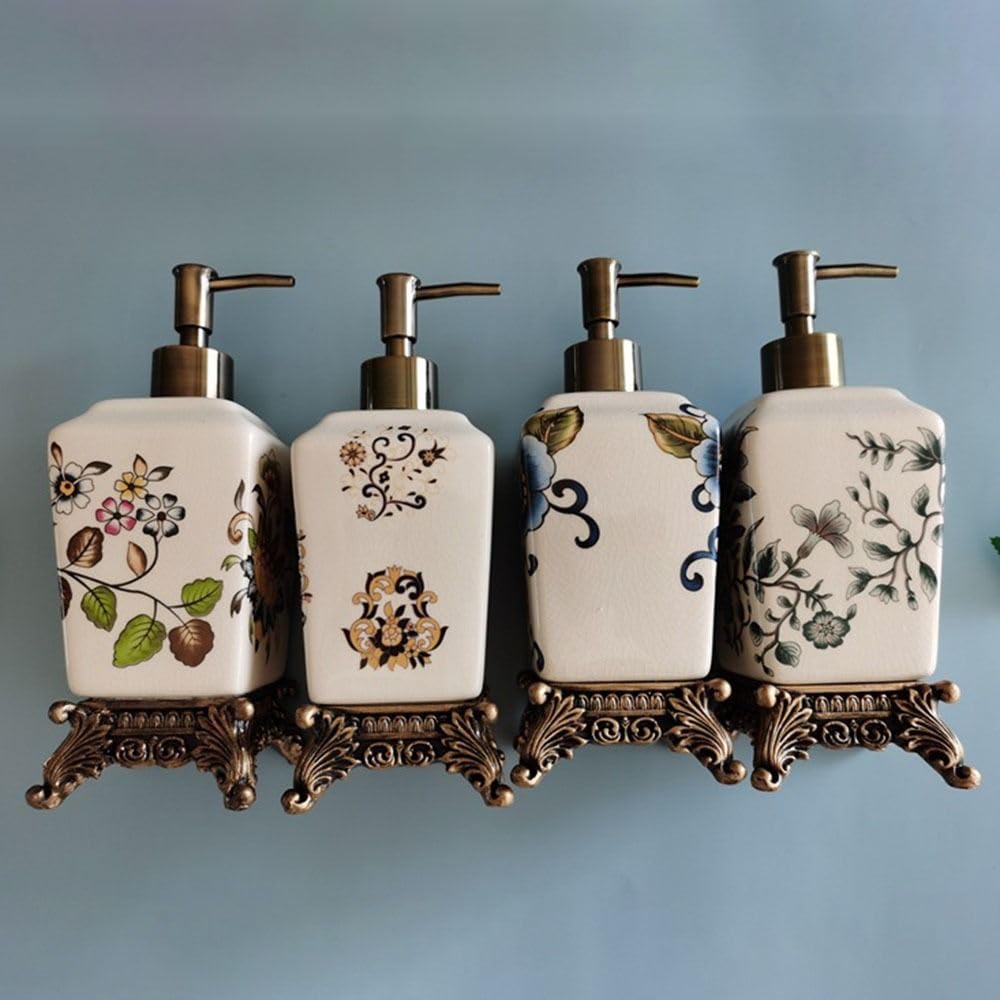 Dispenser di sapone in ceramica, con motivo floreale, bottiglia in ceramica a pompa, per bagno o cucina (D)