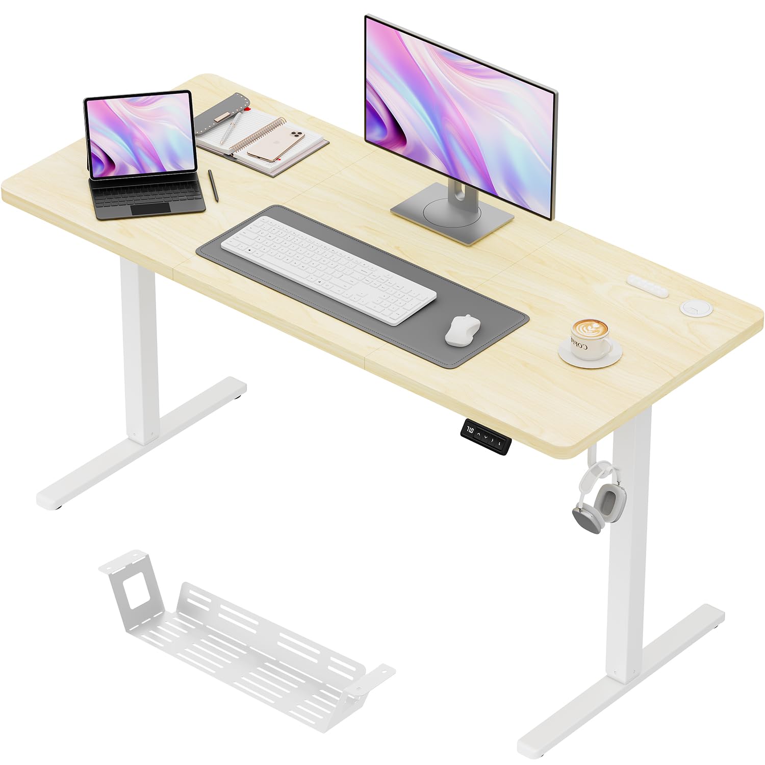 JUMMICO Electric Height Adjustable Desk 140 x 60 cm, Height Adjustable Desk with 2 Memory Function, Sit-Stand Office Desk, Computer Desk with Cable Management Box, Beige