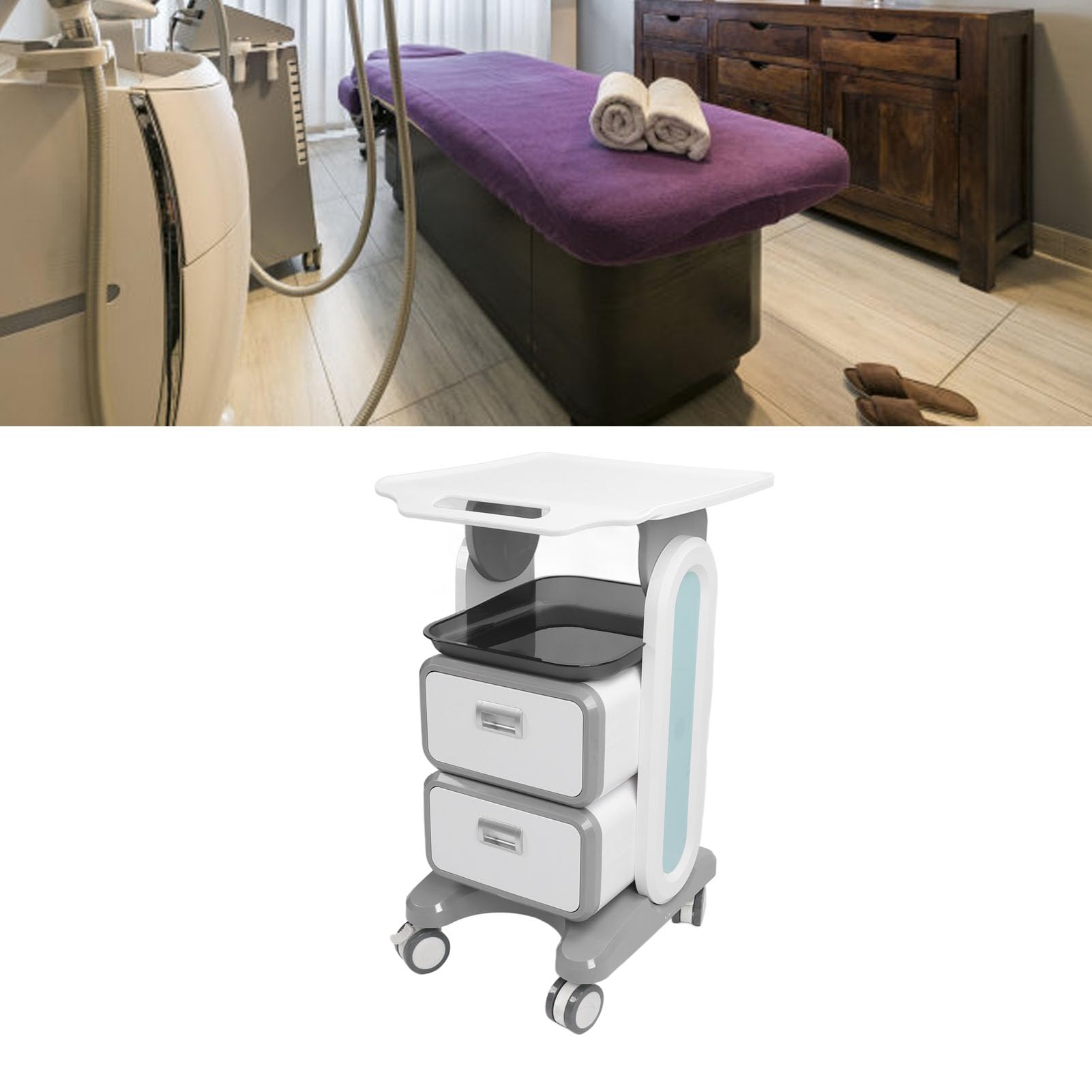 Carrello Medico con 2 Cassetti, Carrello Salone, Carrello Cosmetici, Carrello Salone di Bellezza con Vano Portaoggetti e Carrello Porta Attrezzi con Ruote Universali