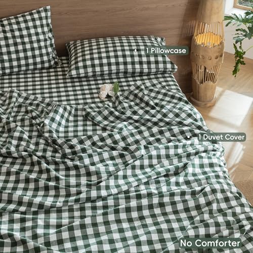 Image of MooMee Gingham Duvet Cover Set 100% Washed Cotton Linen Like Twin | Relaxed Linen-like Texture. Soft, Breathable & Long-lasting Comfort. Lightweight. Hidden Zipper with 8 Interior Corner Ties