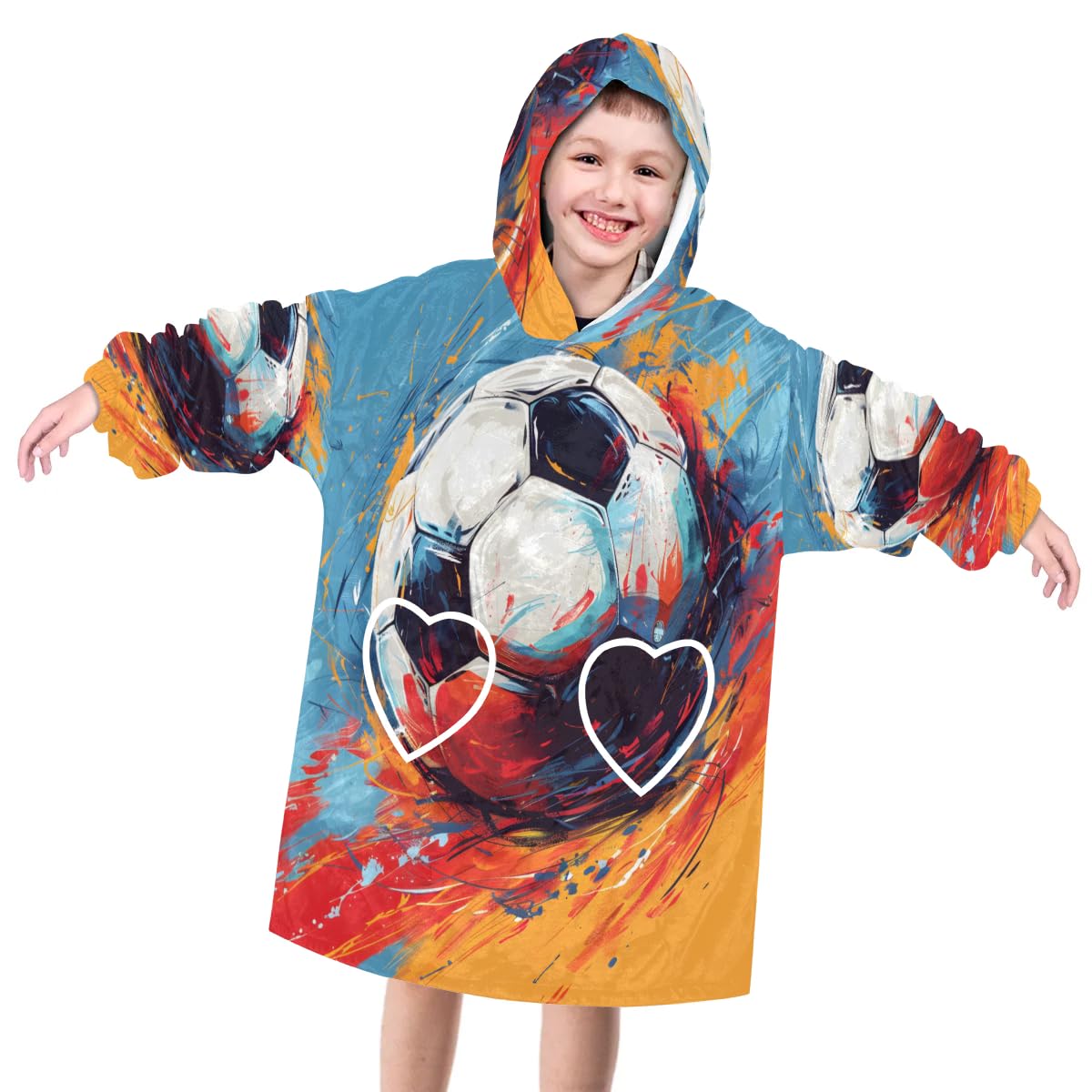 Wearable Blanket Hoodie for Kids, Oil Painting Football Fleece Sweatshirt Blanket Oversized Blanket Sweatshirt with Pocket Flannel Warm Hooded Blanket 6-10 Year Old Girl Boy Gift, One Size