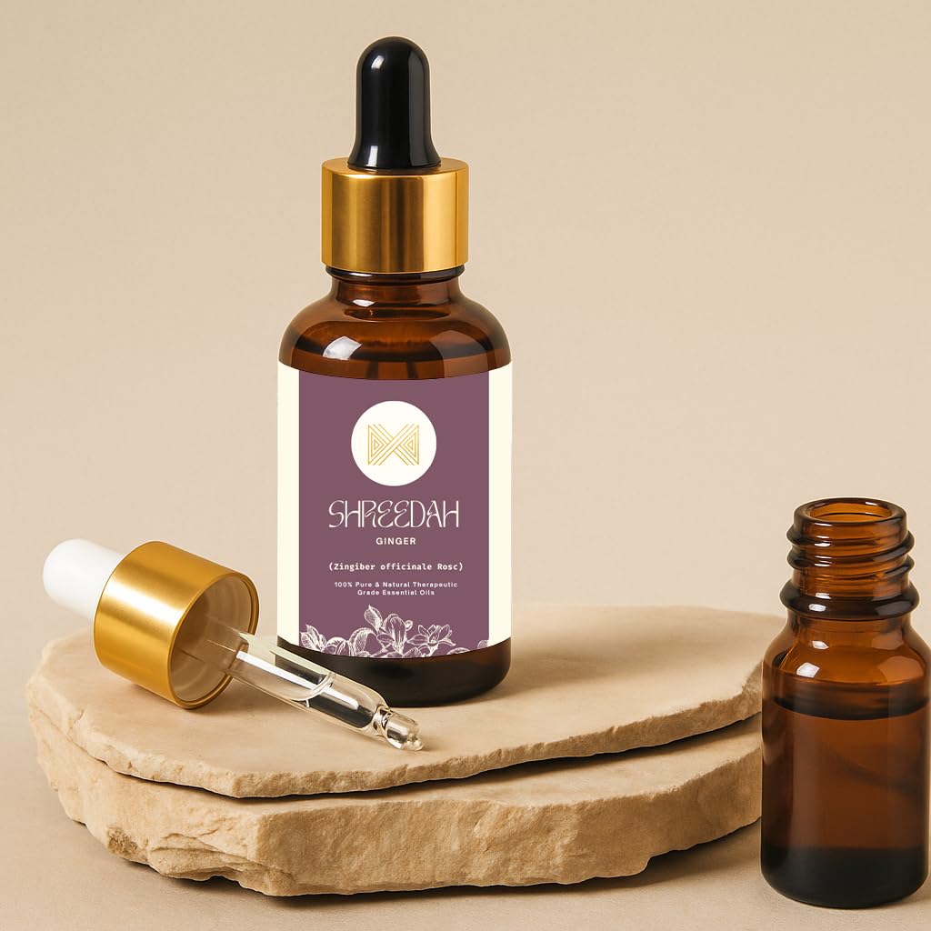 Shreedah Aceite Esencial de Jengibre (Zingiber officinale), 100% Puro y Natural, Destilado al Vapor, Aroma Cálido y Especiado, para Difusores, Aromaterapia, Jabones y Velas, 15ml