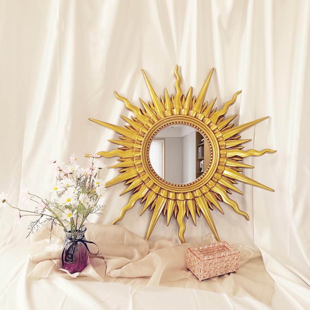 Antyczne Złote Lustro Ścienne, Okrągłe Lustra Sunburst Lustro Wiszące do Łazienki Sypialnia Pokój Dzienny Ozdobne Dekoracje w Stylu Vintage(70cm/28in)