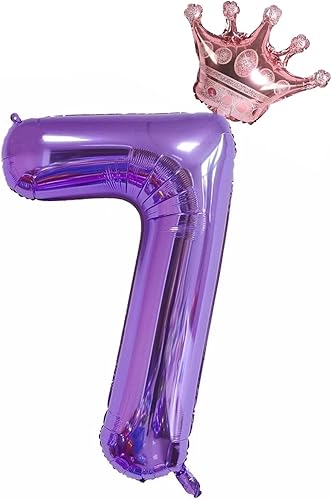 Globos morados del número 7 de 40 pulgadas con corona, decoraciones de cumpleaños número 7 para niñas, globos decorativos de celebración de