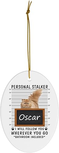Miniatura 2 de Personal Stalker I Will Follow You - Gato persa de canela con nombre personalizado, adornos de Navidad 2023 ovalados de cerámica blanca, regalo para