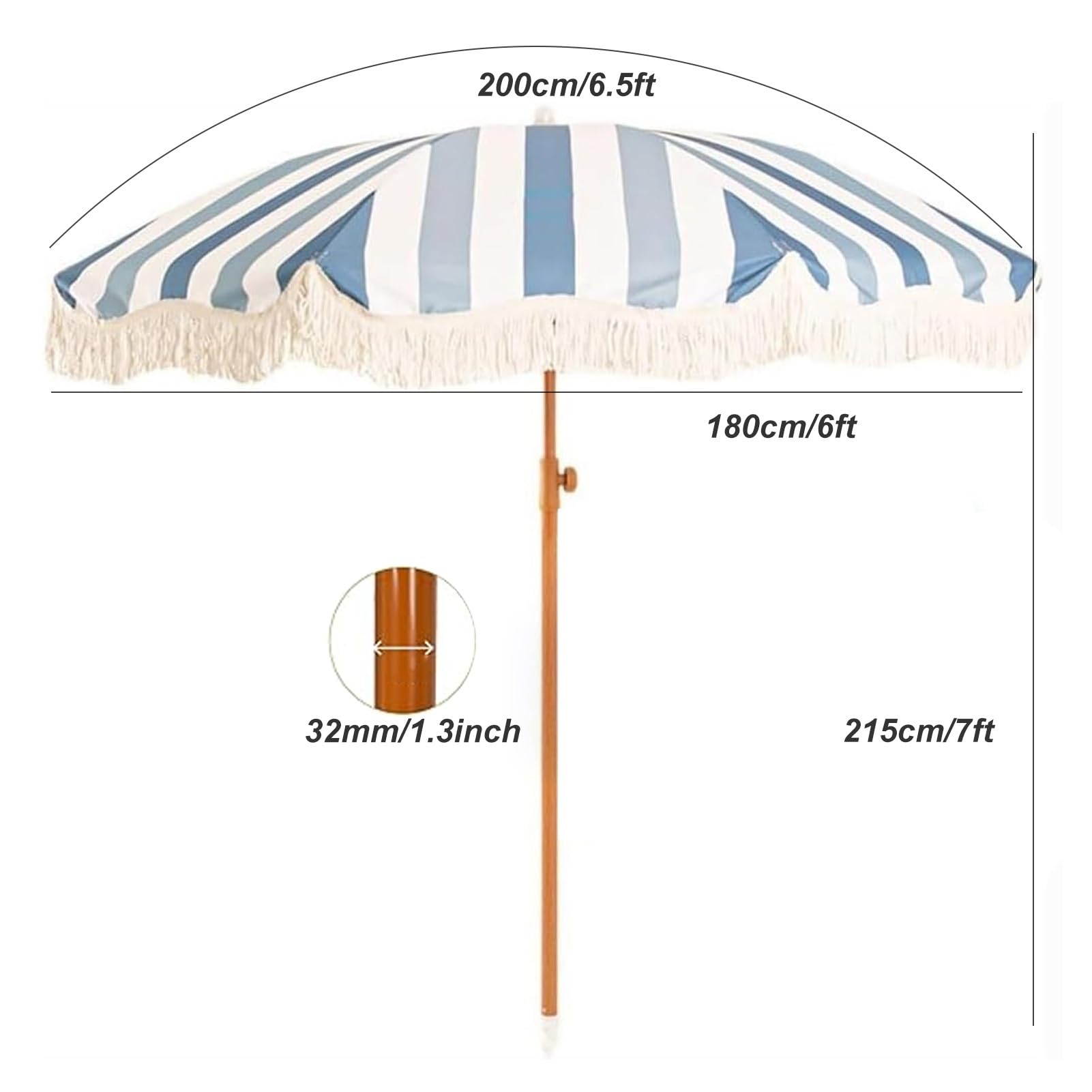 200 cm boho striped beach parasol, zewnętrzny parasol przeciwsłoneczny, wodoodporny parasol ogrodowy z frędzlami z filtrem UPF 50+
