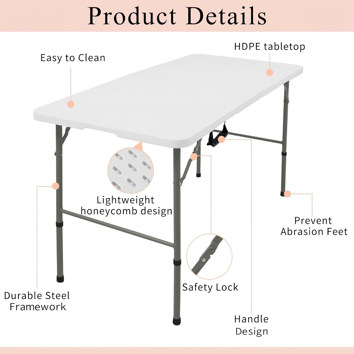 Folding Tables with Carrying Handle Lightweight Rectangular Portable Plastic Camping Table Steel Legs for Party, Dining, Wedding, Events, Picnic Indoor, Outdoor (1, White, 4 FT)