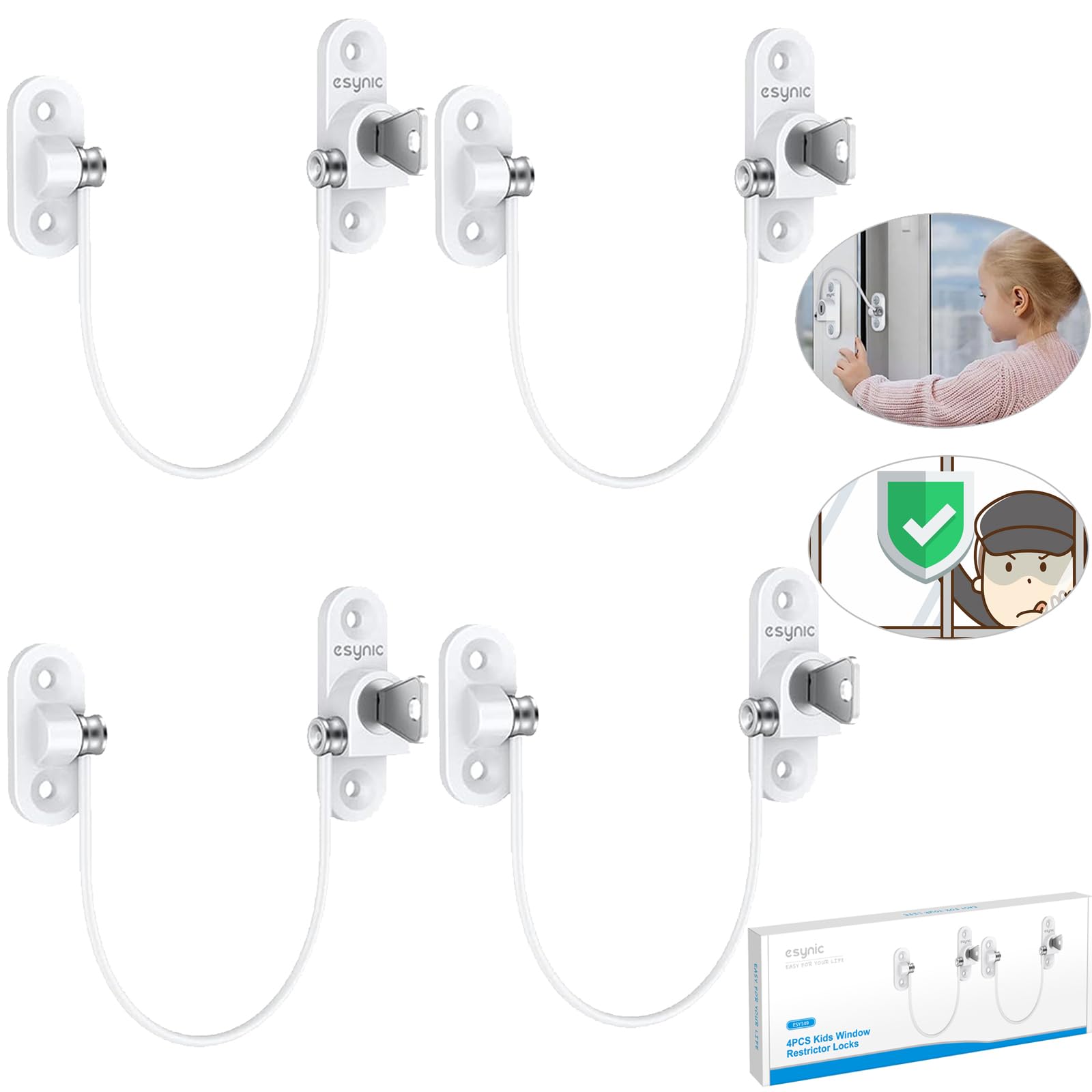 4 PCS Window Door Lock Lockable Restrictor Child Baby Safety Security Double Hung Lock Cable Catch Wire for Most Types of Windows and Small Doors for Home Public Commercial Applications Safety