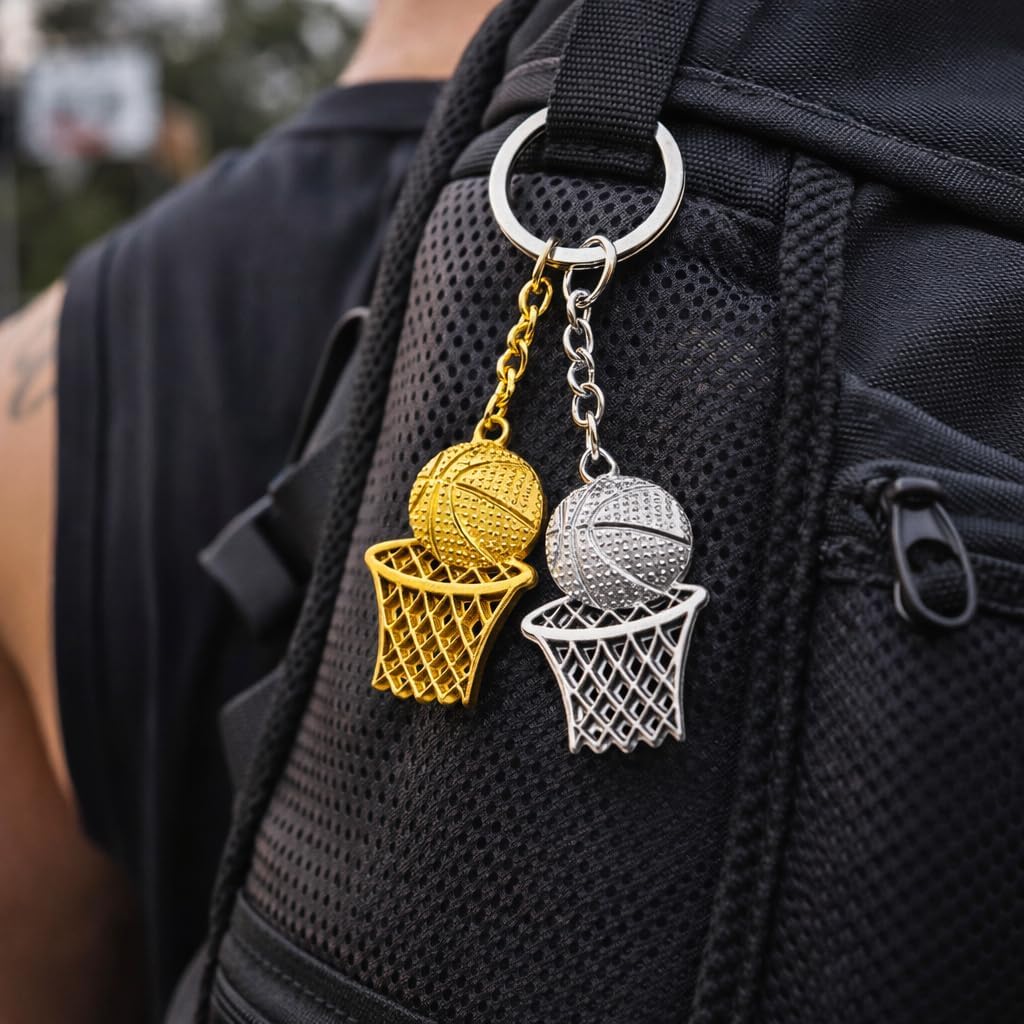 4PC Basketball Keychain with Hoop Metal Sports Keyring Gift for Basketball Lovers Gold and Silver