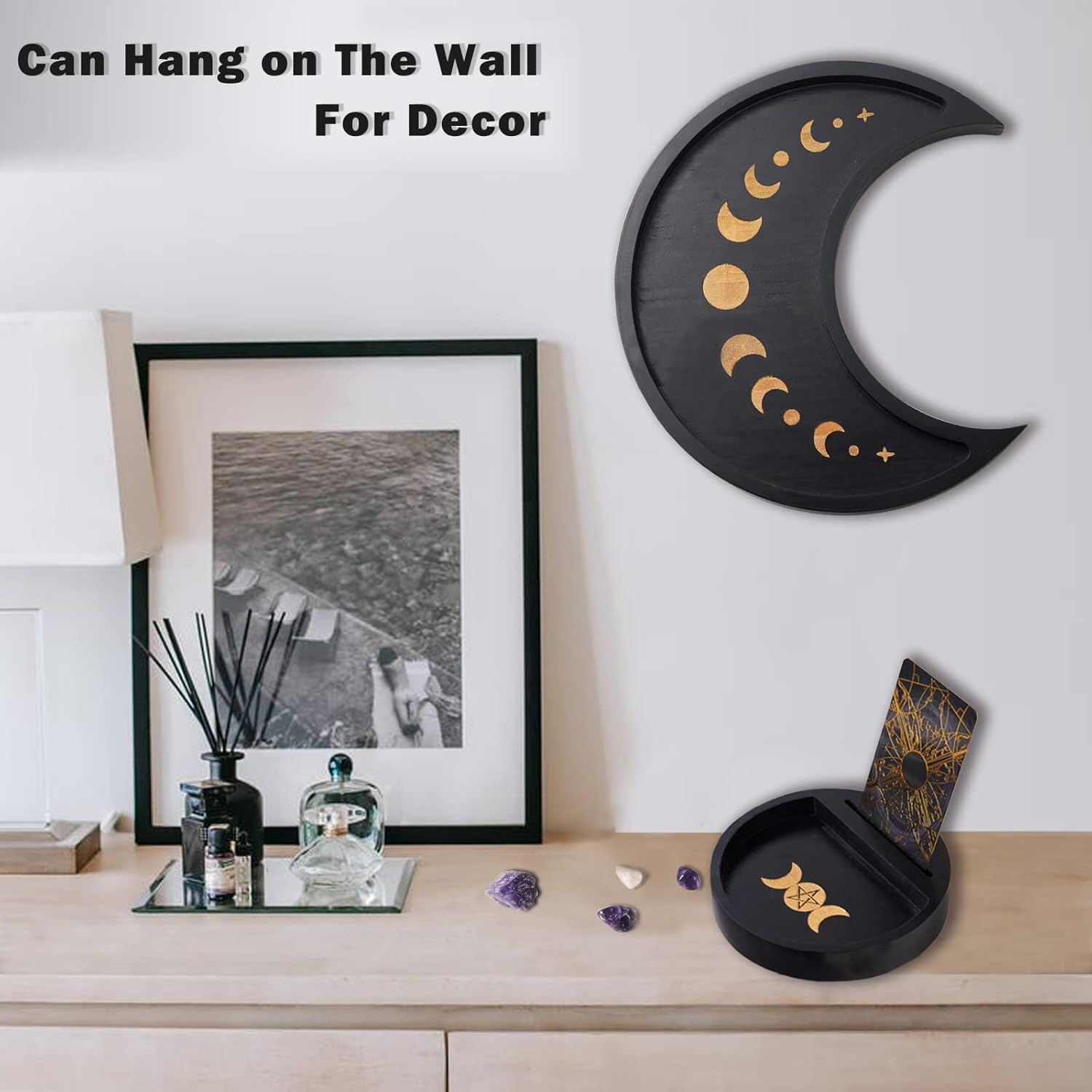 Yougoals Moon Tray Set Crystal Holder for Stones Display, Black Wooden Tray with Round Jewelry Dish, Crystals and Healing Stones Essential Oil Decorative Tray, Gift for Crystal Lovers