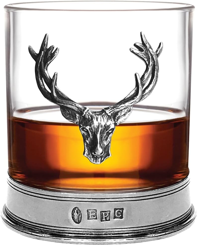 English Pewter Company 11oz Old Fashioned Whisky Rocks Glass With Stag Deer Head Antler and Pewter Base [STAG104]