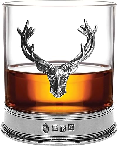 Miniatura 1 de English Pewter Company - Vaso de whisky antiguo de 11 onzas con asta de ciervo y base de peltre STAG104