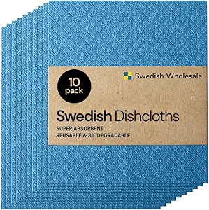 Swedish Wholesale Dishcloths, Cellulose Sponge Cloths – Bulk 10 Pack of Eco-Friendly, No Odor, Reusable Cleaning Cloths for Kitchen – Absorbent Dish Cloth Hand Towel