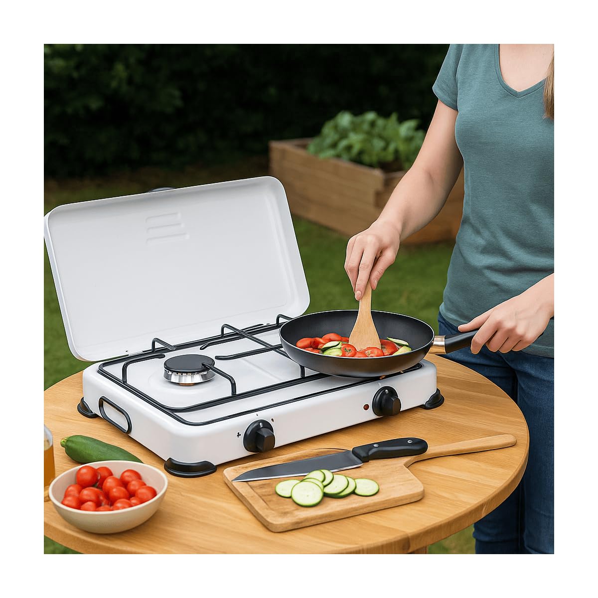 INTEC - Réchaud à Gaz 2 Feux 3200W, Brûleurs en Fonte Amovibles. Plaque de Cuisson Mobile avec Couvercle de Protection. Compatible Gaz Butane/Propane pour Camping et Jardin.