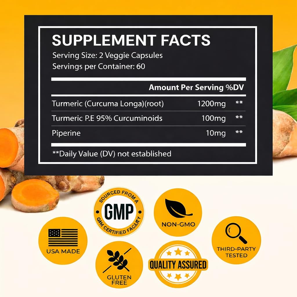 Turmeric Curcumin with Black Pepper Extract (Piperine) - 120 Veggie Tumeric Capsules - Premium 95% Standardized Curcuminoids - High Absorption & Potency - Joint Support Supplement