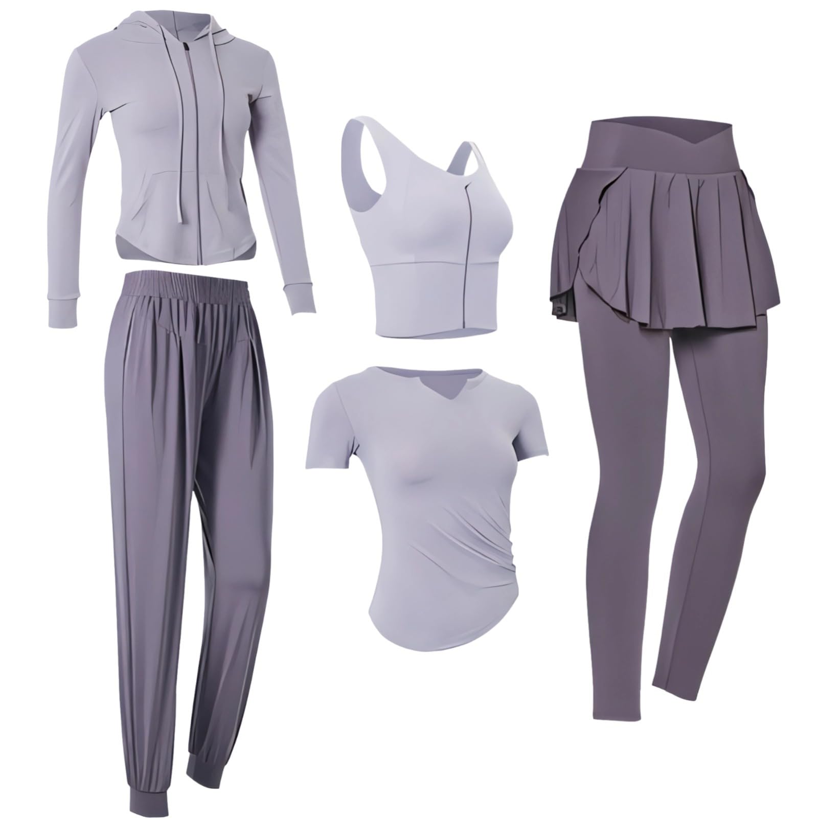 5-Piece Womens Activewear Set Long Sleeve Yoga Outfit Includes Jacket Pants Skirt Top Sports Bra Moisture-Wicking Stretchable Comfortable