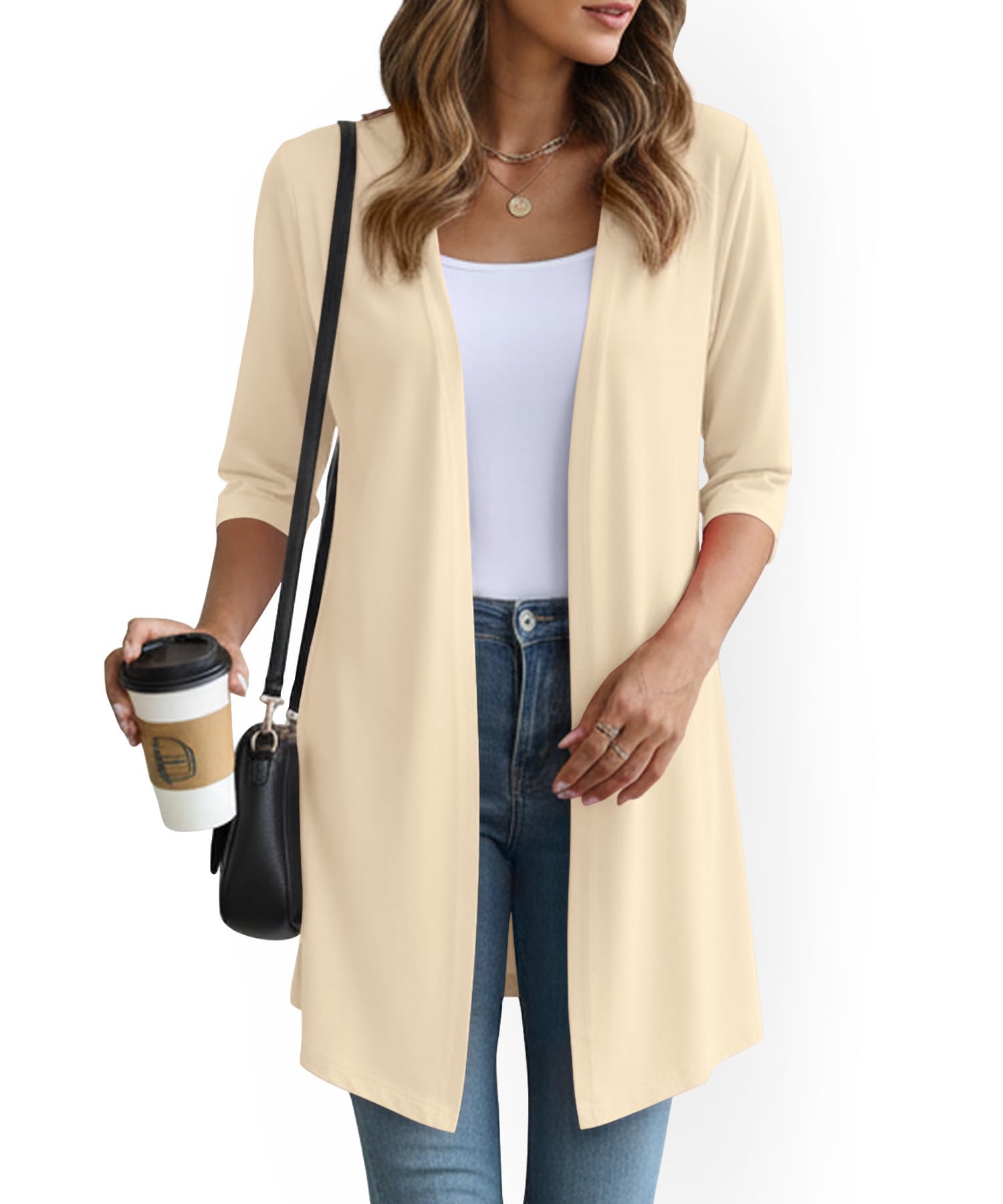 YSYOKOW Lightweight Cardigans for Women 3/4 Sleeve Long Open Front