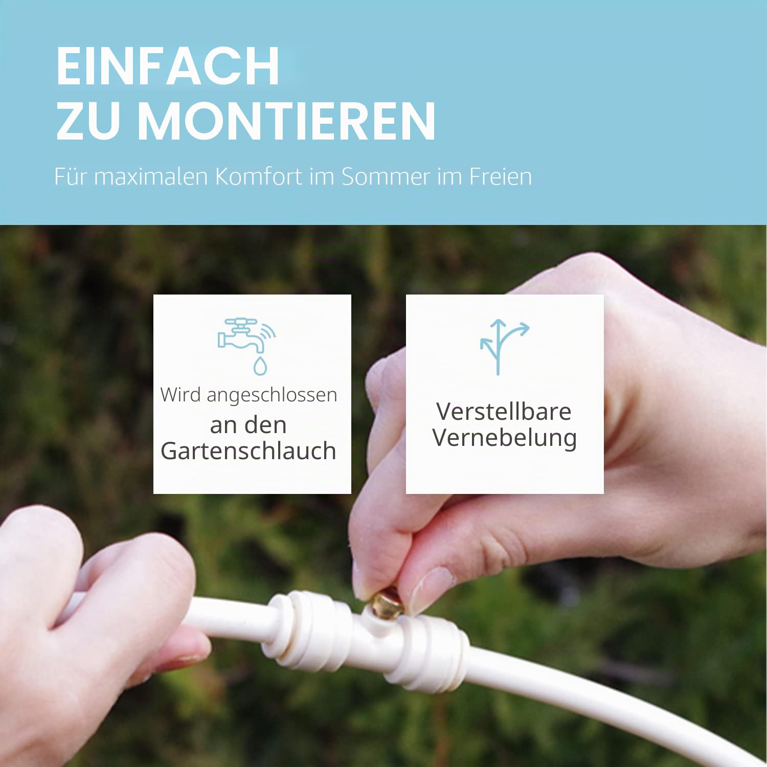 O'FRESH Sprühnebel terrasse - Set mit 15m - Schlauch und 12 Nebeldüsen | Verdunstungskühlung-Bewässerungsystem | Wasser-Zerstäuber und Bewässerungs - Sprühnebel-Kühlung für Terrasse, Garten - Beige
