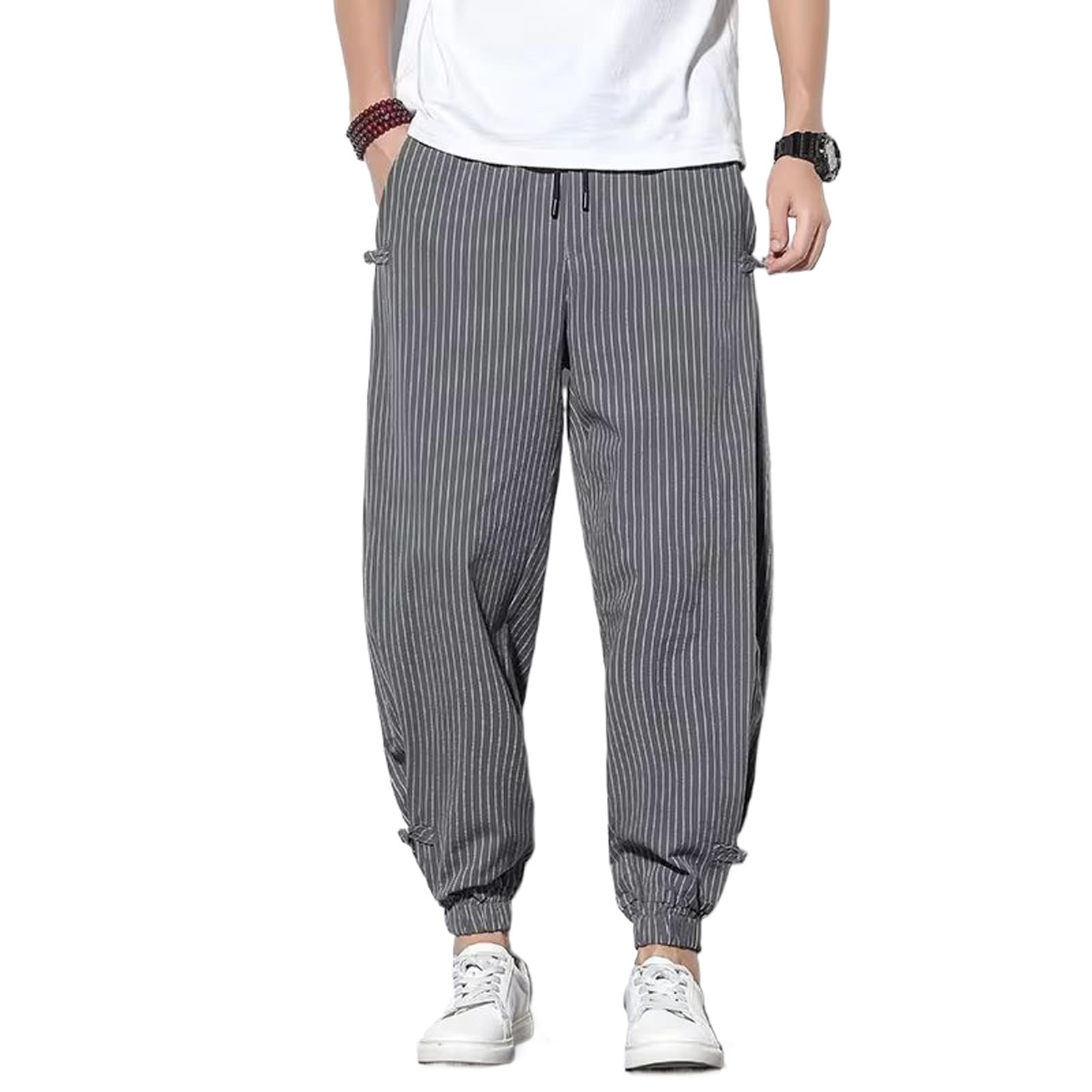 WOLONG Pantaloni lunghi casual estivi da uomo Pantaloni a righe Primavera Estate Pantaloni sportivi larghi alla caviglia Pantaloni estivi in lino corto