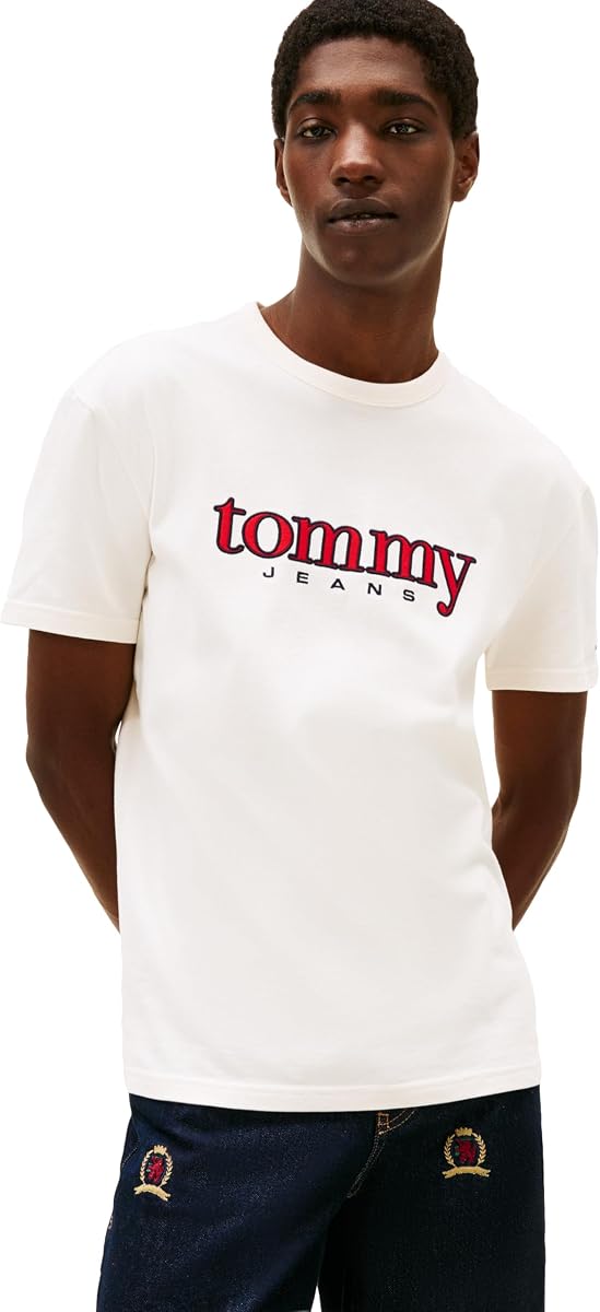 Tommy Jeans Men's Short Sleeve Solid Cotton Graphic T-Shirts with Applique Graphic