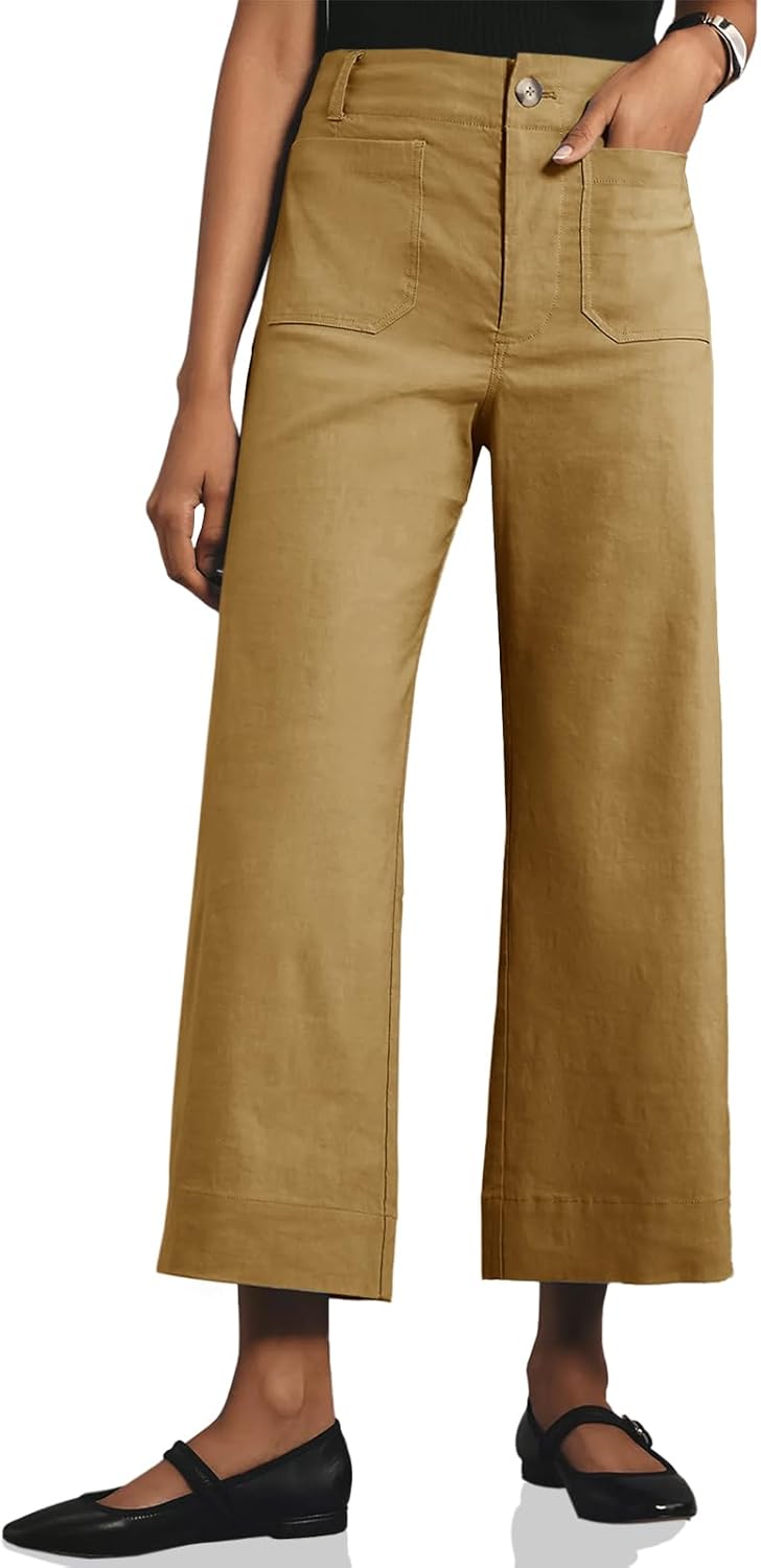 Cicy Bell Womens Cropped Wide Leg Pants High Waisted Stretchy Flare Pants Casual Baggy Trousers