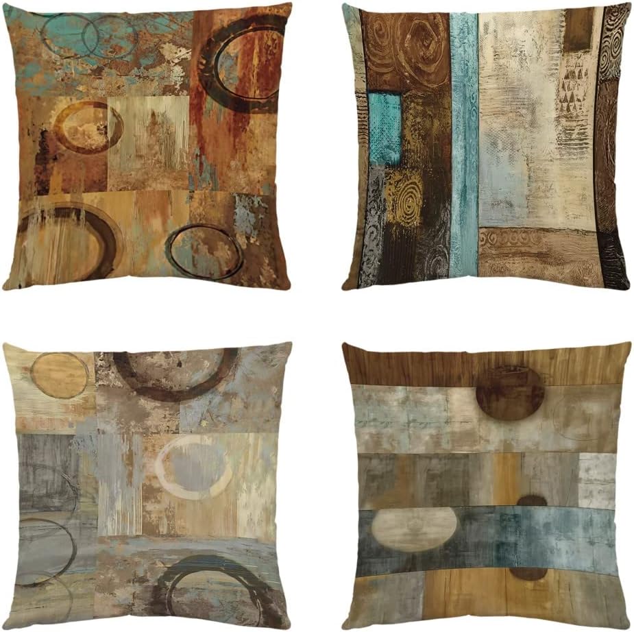 Retro Throw Pillow Covers 18x18 Inch Set of 4 ,Brown Decorative Throw Pillow Cases Modern Geometry Art Decorative Cushion Cover for Bedroom Bed Outdoor Couch Sofa
