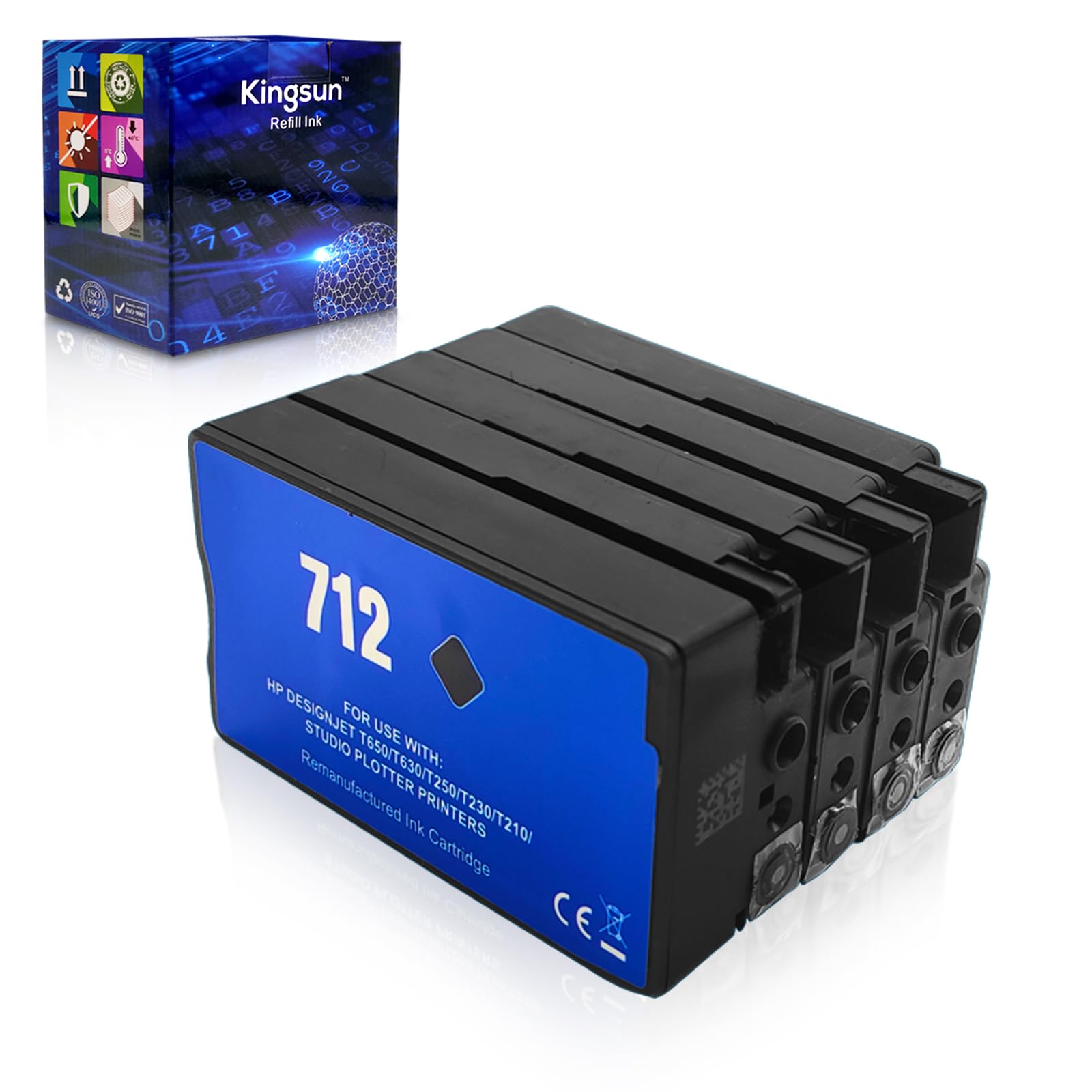 Remanufactured 712 Ink Cartridges Set Compatible with HPQ DesignJet T650 T630 T230 T210 (Black, Cyan, Magenta, Yellow)