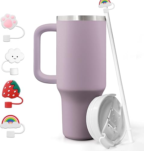 Vaso morado de 40 onzas con asa y cubiertas de pajita, vaso aislado con tapa y juego de 4 adornos para pajilla, taza de viaje