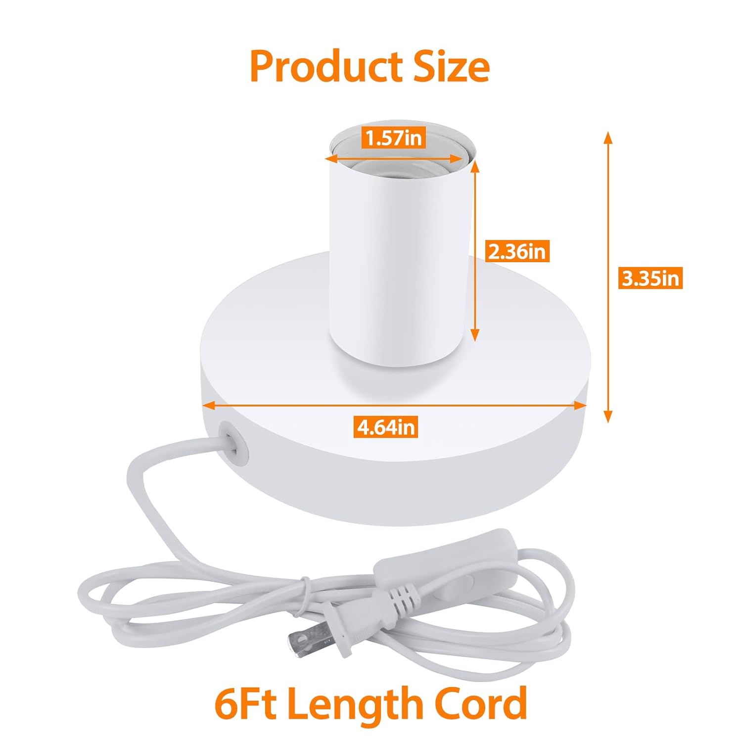 Industrial Table Lamp Base 2pcs, E26 Socket with Extension Cord, Polished Metal Desktop Plug in Light Socket for E26/E27 Bulb with 6 Feet Cord and On/Off Switch Plug, Light Base White