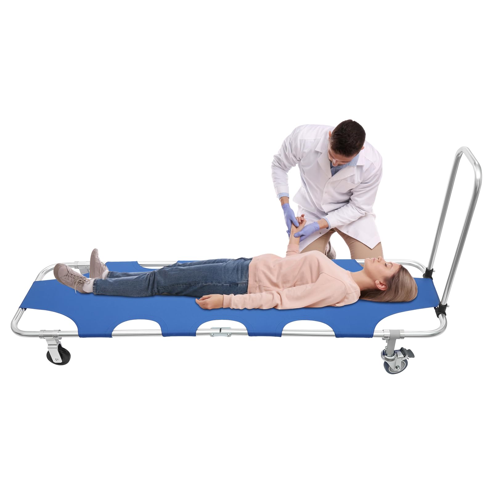Folding Stretcher for Emergency w/Trolley 4 Wheels & Straps, Aluminum Alloy Portable Emergency Medical Stretcher for Hospital Clinic Home Sports Venues Ambulance