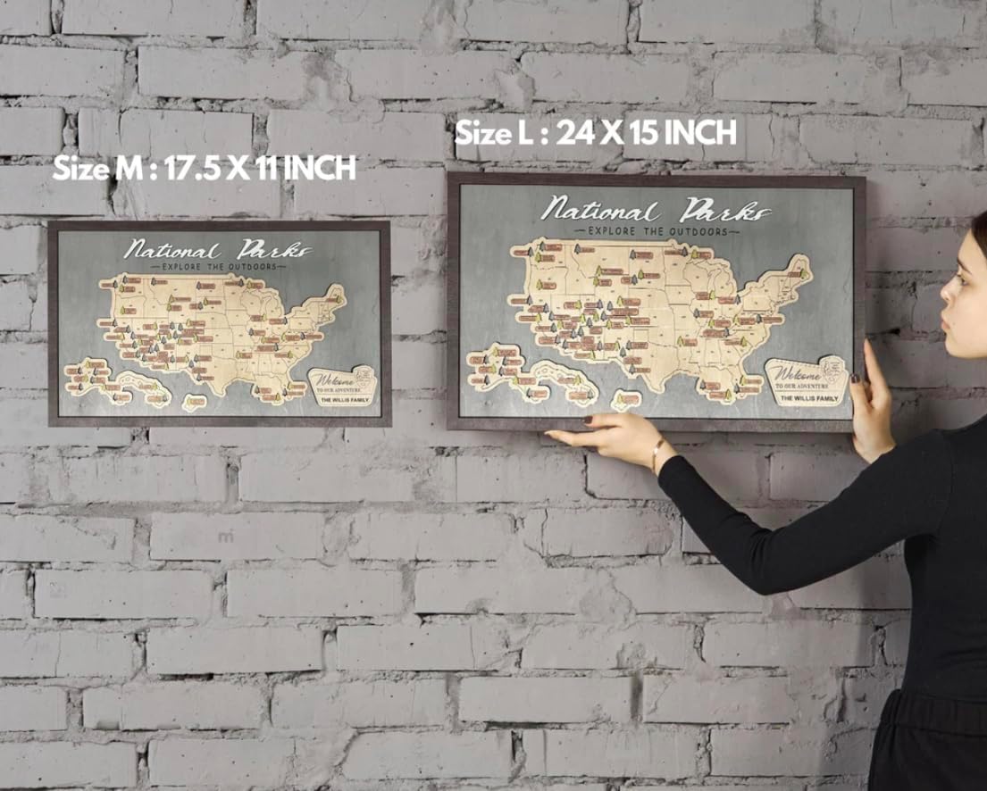 US Wooden National Parks Travel Map With Trees To Record Park Visits (Light Grey, Size M/Ships from Amazon)