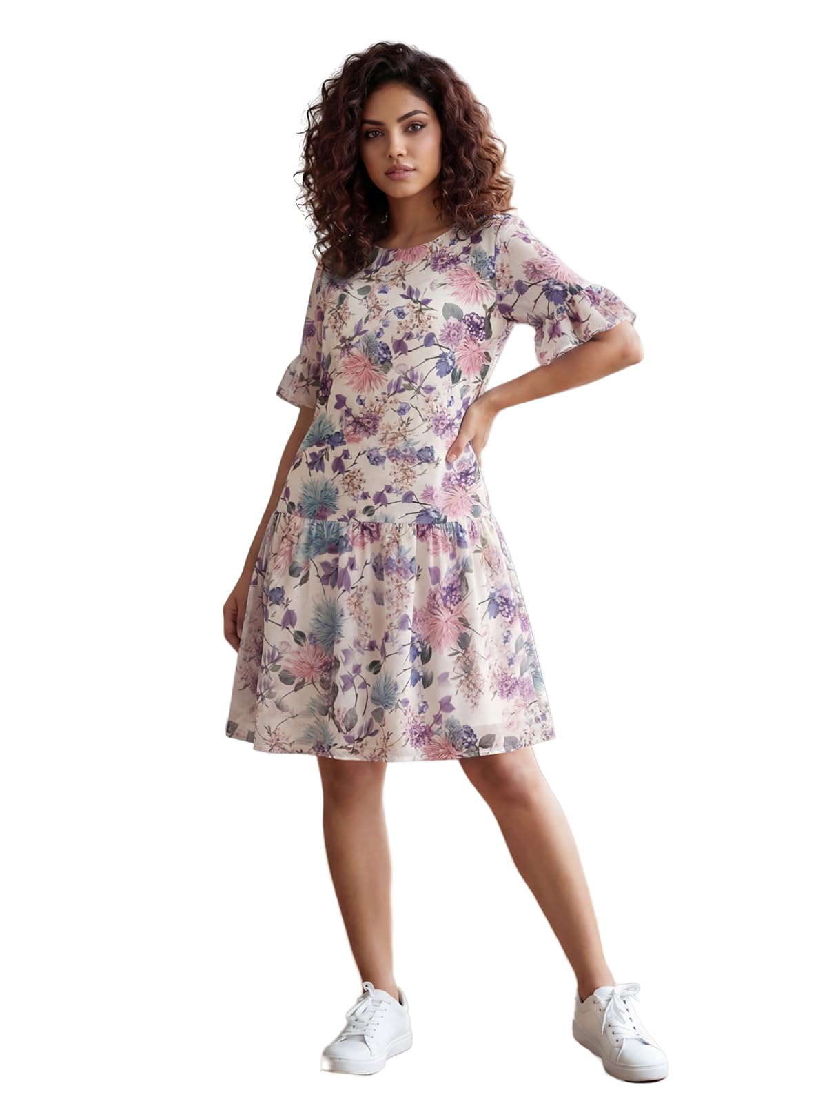 Floral Steel Blue Women Dress|New Trending Dress for Women|Western Short Sleeve Flared-image-44