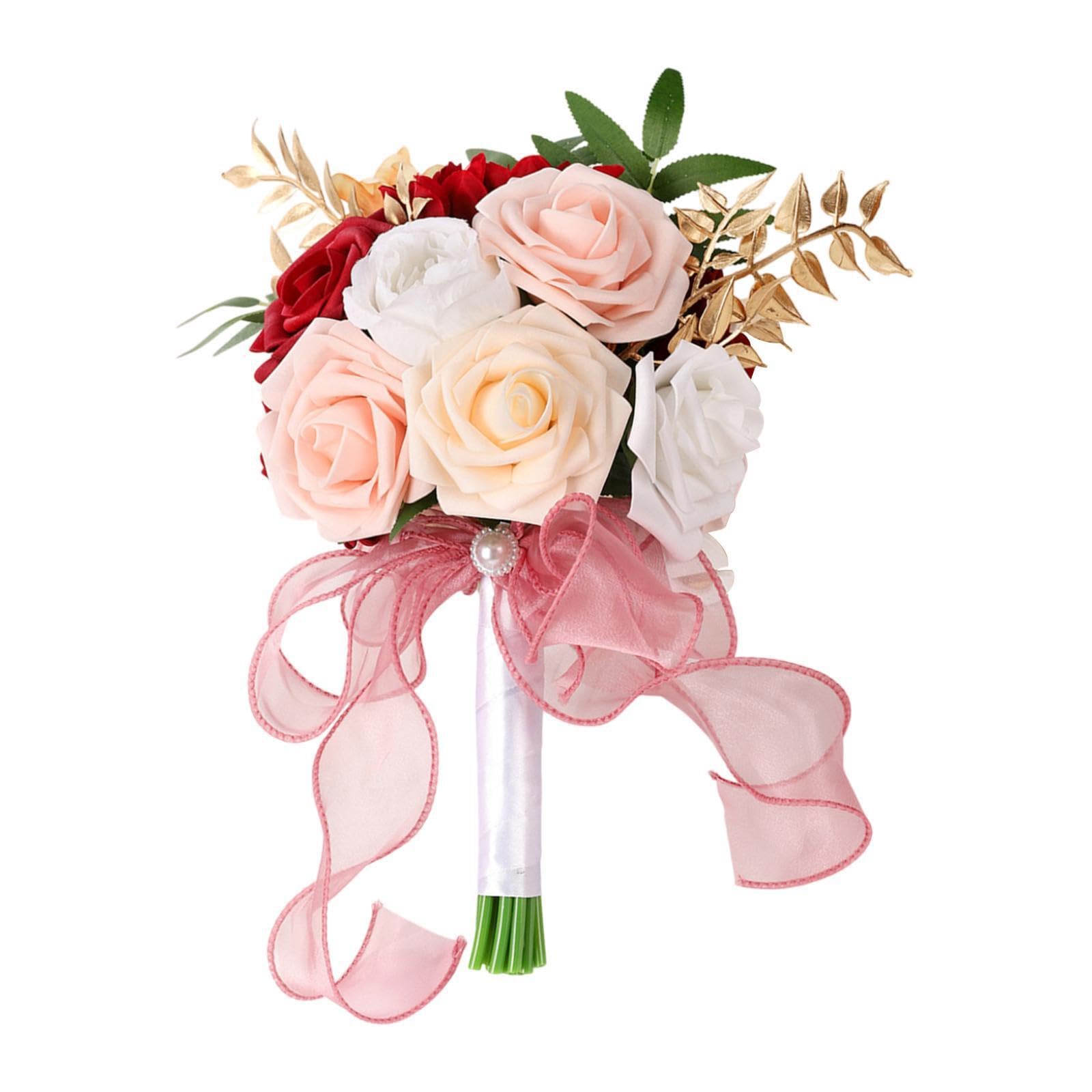 POXZSFX Elegant Wedding Bride Flowers Bouquets Floral Displays Stunning Soft Silk Arrangements Summer Weddings Artificial Roses Bridal Bouquet Tossing Bouquet, Red, Height 29cm