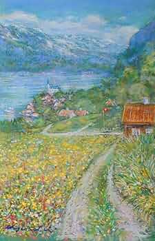 Amazon | スイス 風景画 絵画 パステル画 石井清 「ブリエンツ湖
