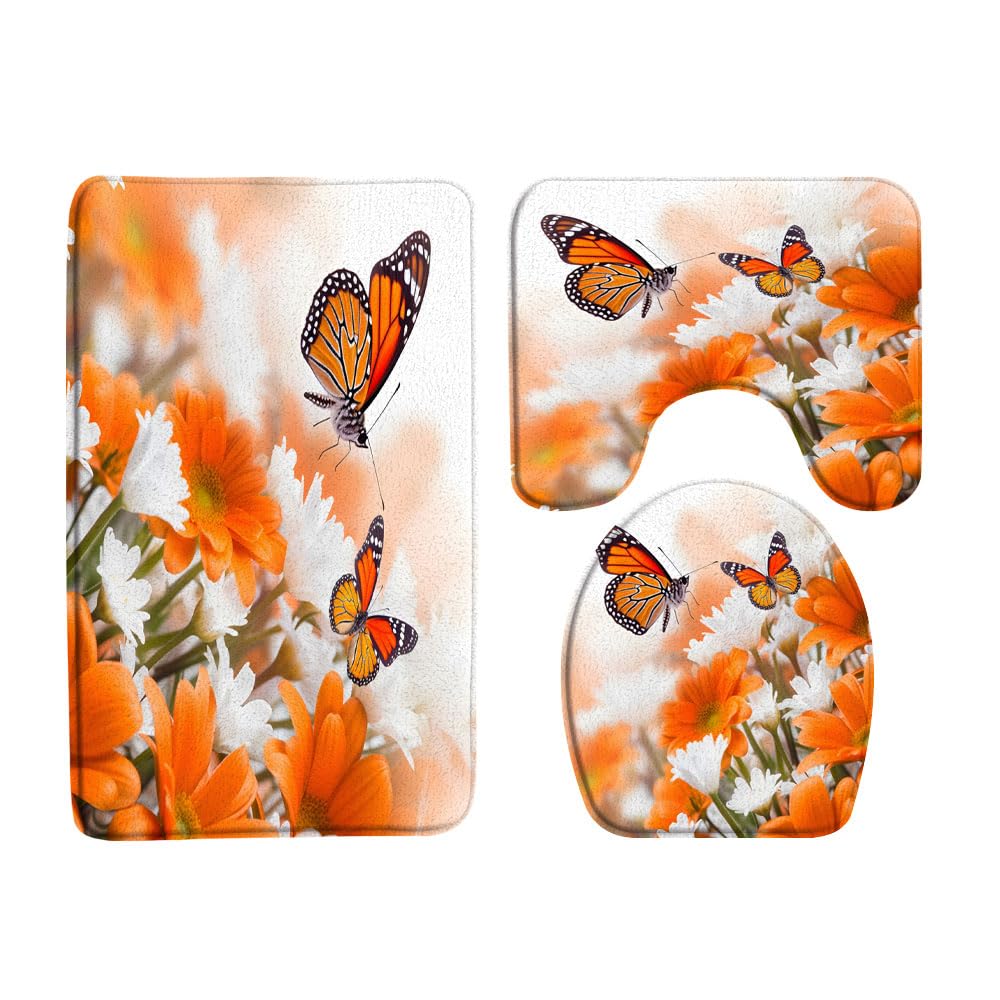 VPUPCN Orange Floral 3 Pcs Bath Rugs Set,Dreamy Flower Butterfly Plant Romantic Spring Garden Nature Scenery Bathroom Kitchen Rug with 16