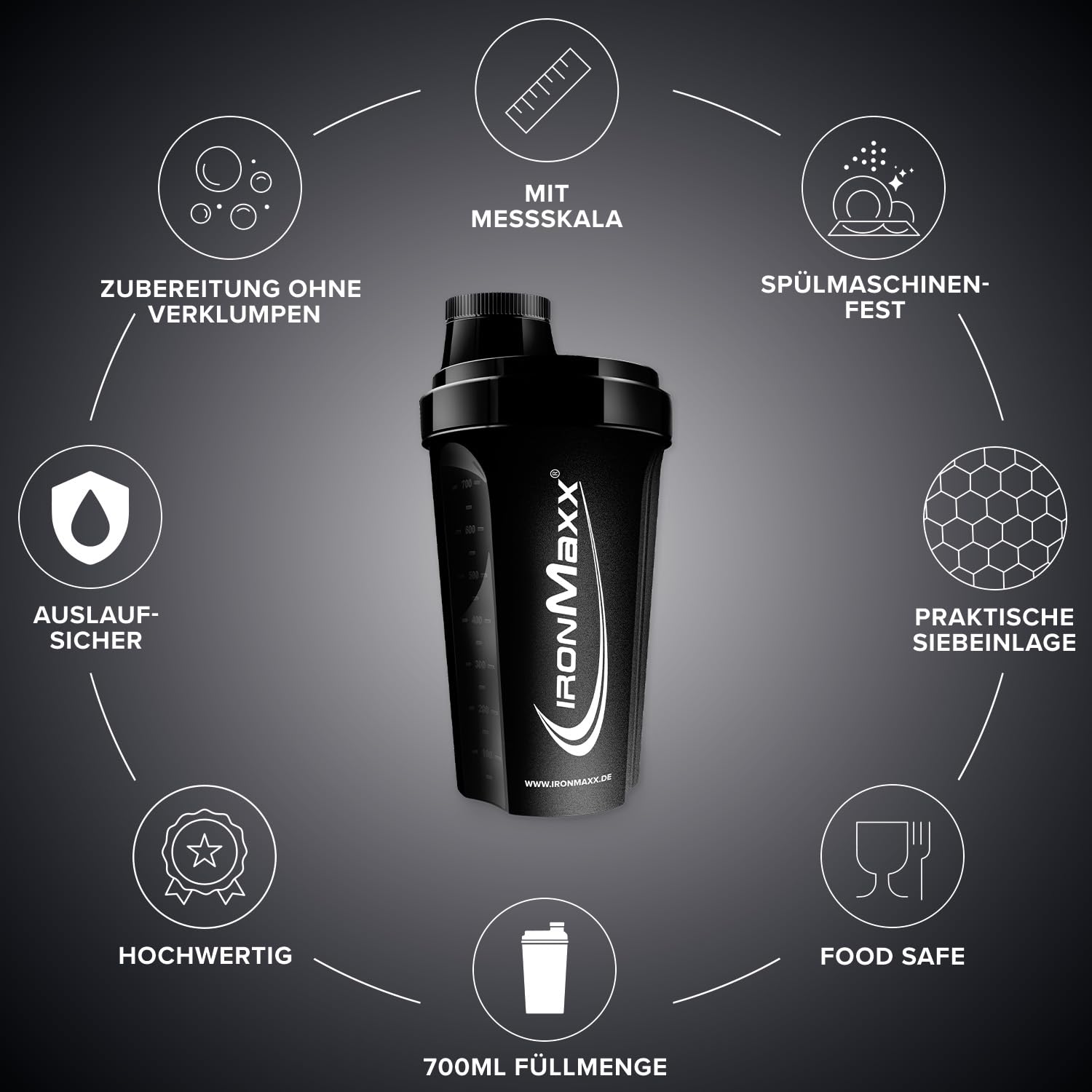 IronMaxx ‎40513 Shaker Proteinowy z Zamknięciem Obrotowym, 700 ml, Czarny