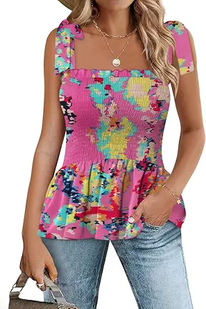 Micoson Ruffle Tank Tops for Women Summer Square Neck Sleeveless Tops Tie Shoulder Chiffon Blouse Babydoll Shirts