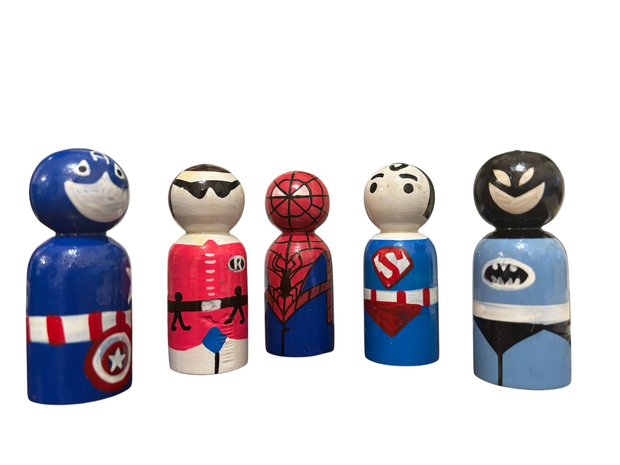 Handmade Wooden Superhero Peg Dolls Set of 5 – Hand Painted Wooden Toy Figures – Kids Gift Nursery Decor UK
