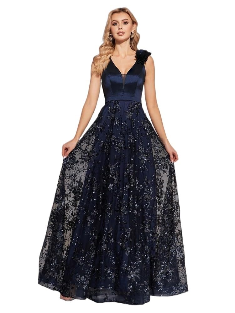 Vestido de Graduación para Mujeres Elegante Vestido de Noche con Escote en V y Flores Doradas, Largo de Gasa sin Mangas for Mujer, Vestido de Fiesta, Vestido de cóctel de graduación(Blue,S)