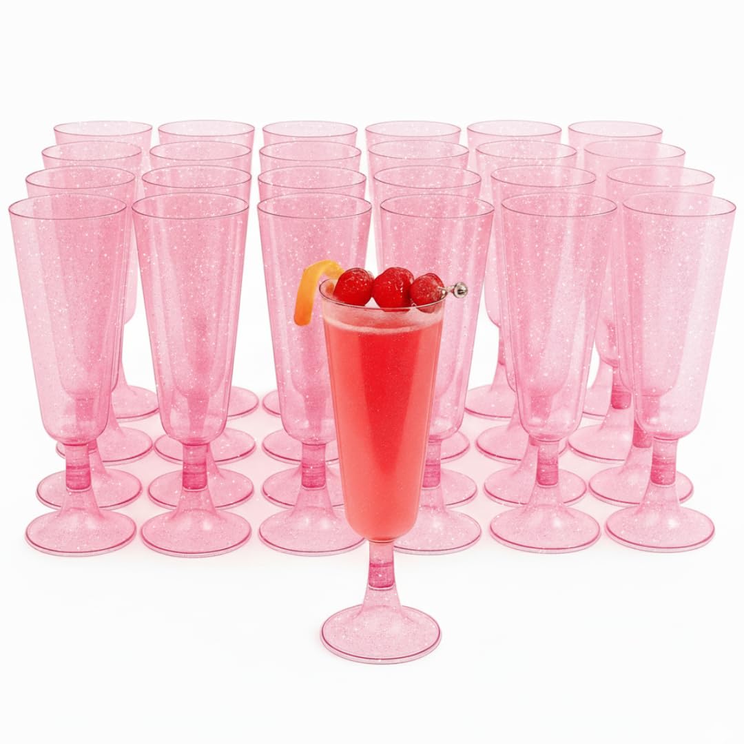 MATANA 100 Premium Pink Plastic Champagne Flutes with Glitters, 150ml - Reusable Toasting Glasses, Cocktail Prosecco Glasses for Weddings, Birthdays, Christmas, Bridal Showers, Themed Parties