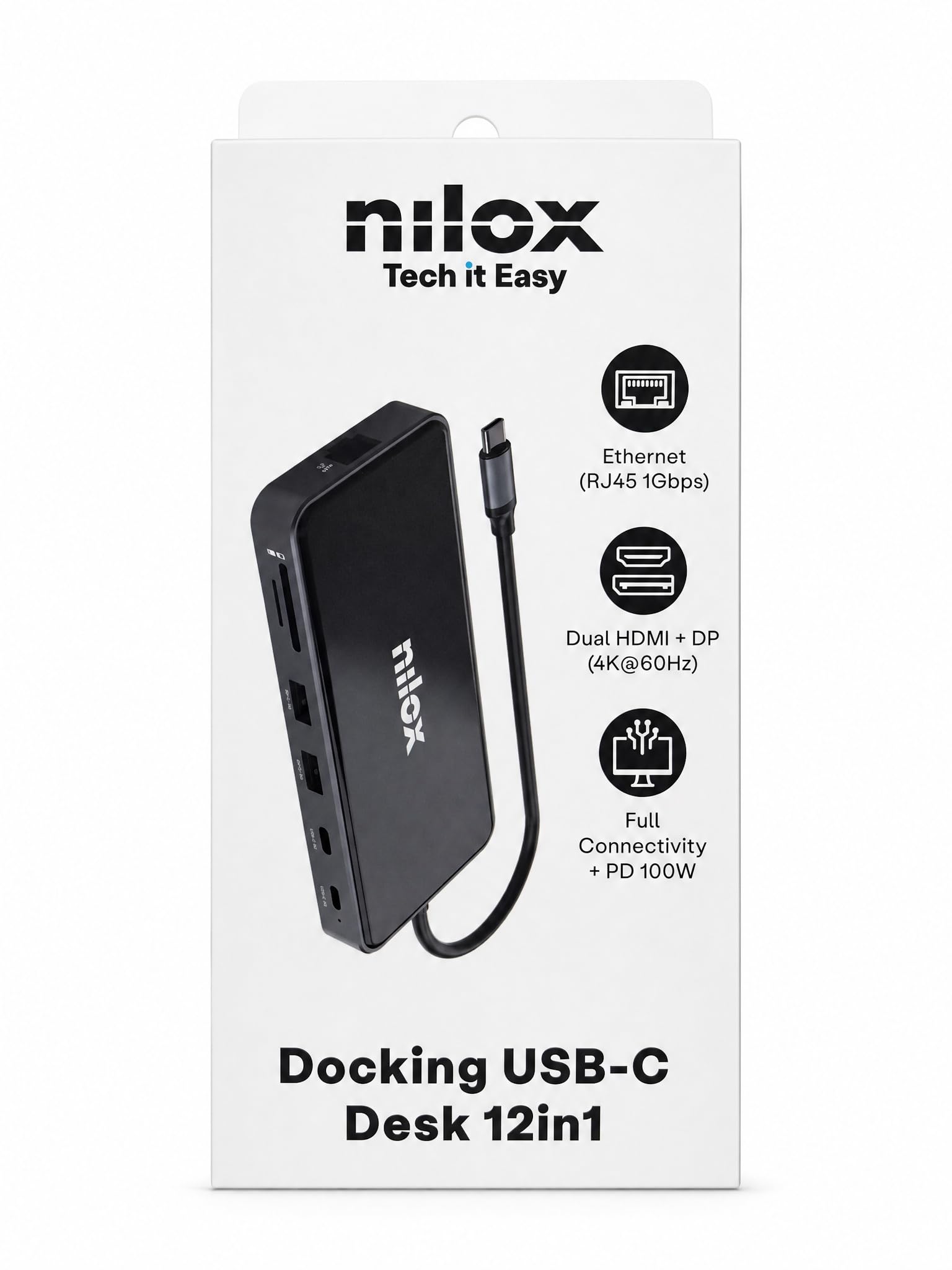Nilox, Hub USB-C 12 w 1, stacja dokująca, wąska konstrukcja, plug & play