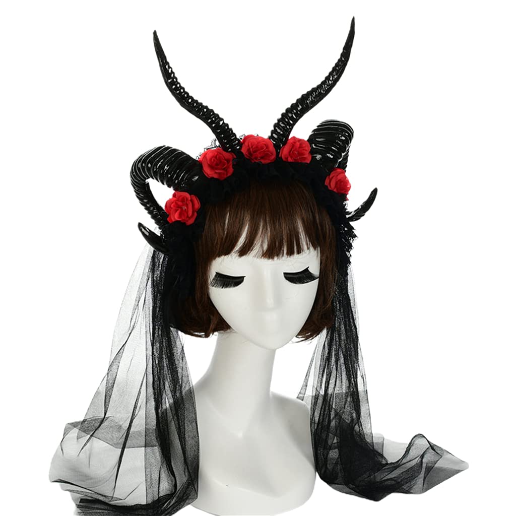 Cerchietto per capelli, da donna, in corno di pecora, in pizzo, con velo, fascia per capelli per feste di Halloween, Natale, accessori creativi per capelli