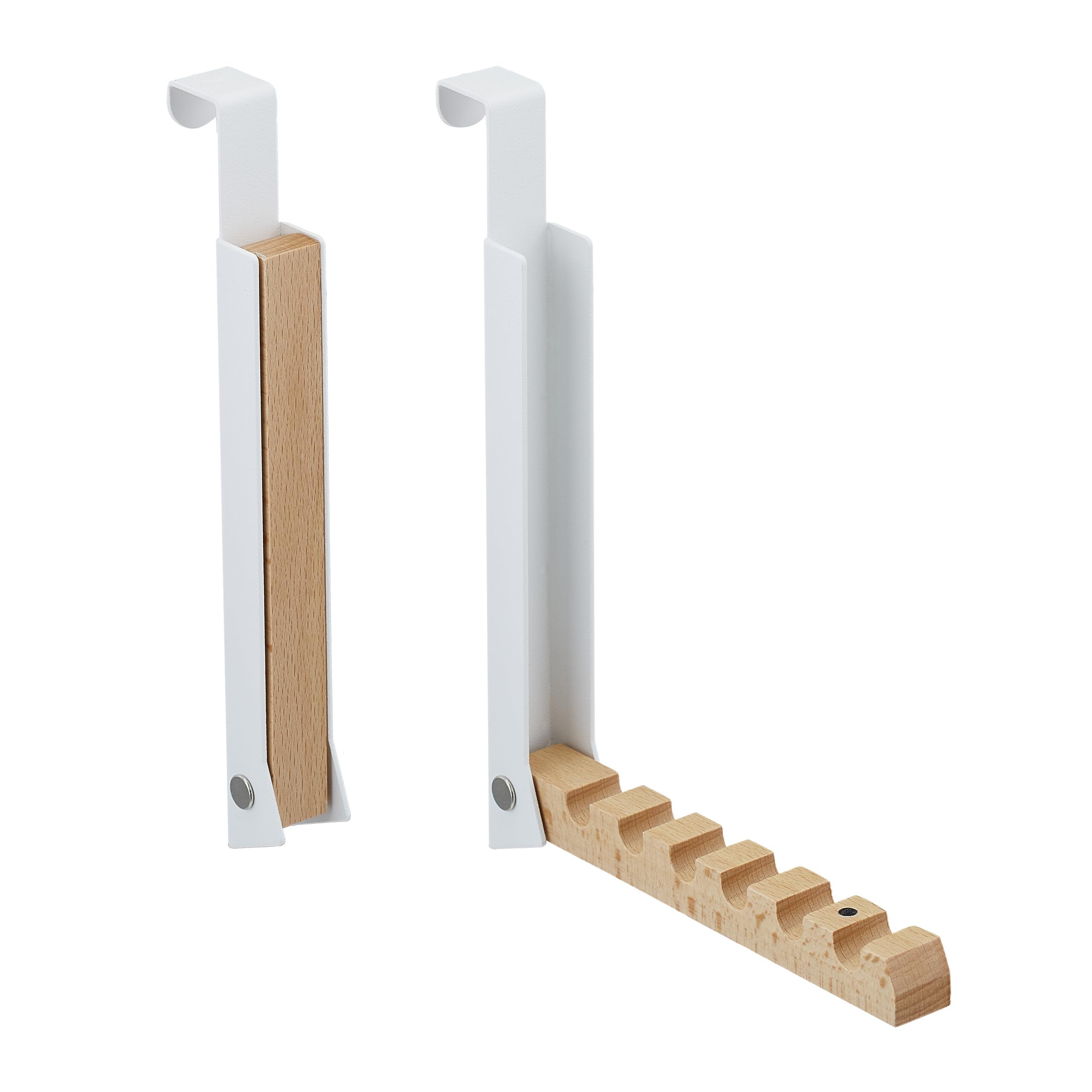Relaxdays 2 Ganchos Plegables Puerta, Colgantes, Colgadores 6 Perchas, Metal y Madera, para Renvalso de 2 cm, Blanco