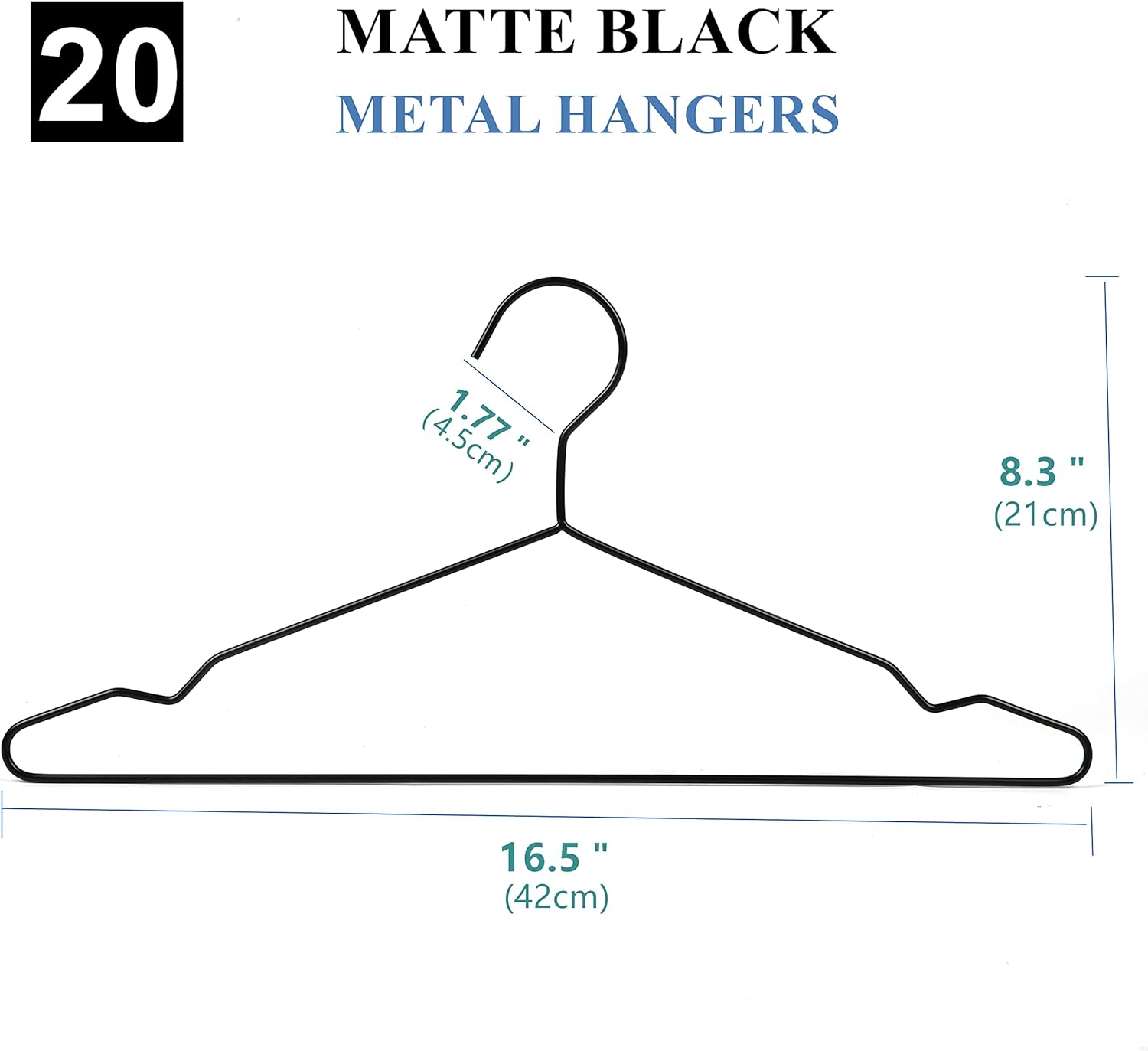 16.5" Heavy Duty Matte Black Metal Hangers 20 Pack, Wire Black Clothes Hangers for Coat Suit, Shirts, Dress, Pants，Camisole Wedding Dress (Black, 20Pack)