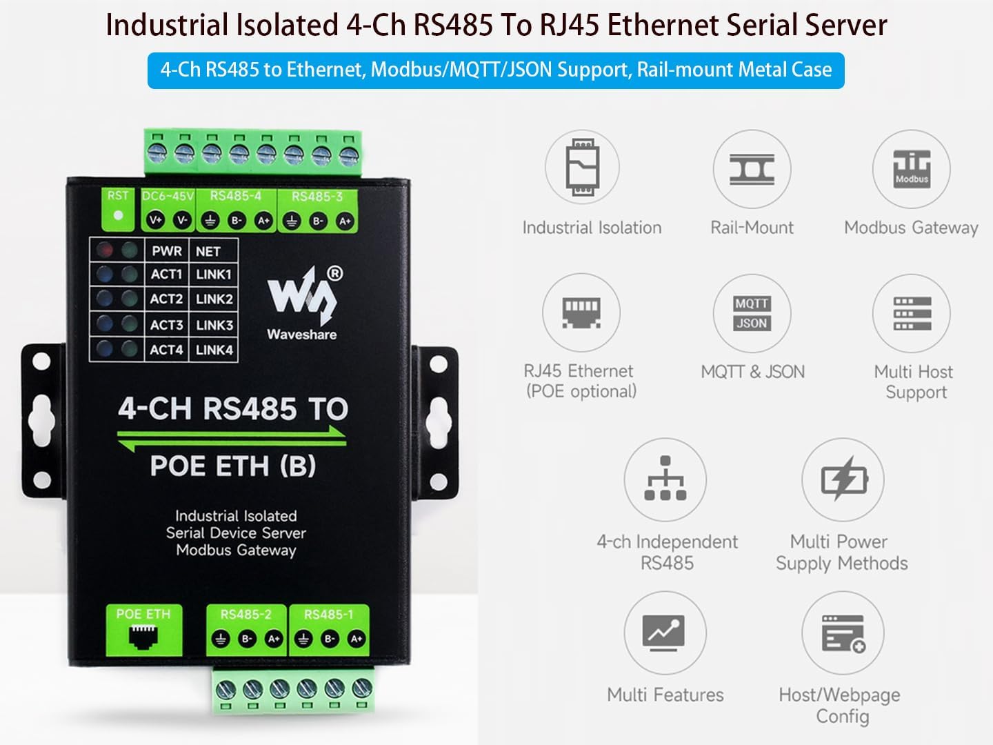 4-Ch RS485 to RJ45 Ethernet with POE Serial Server Adapter Industrial Isolated Serial Module, 4-CH Independent RS485, Support Modbus Gateway/MQTT/JSON, Bi-Directional Transparent Transmission
